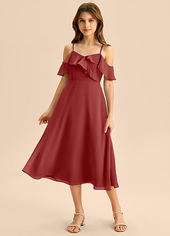 Azazie Kamilla Junior Abito A-Line in Chiffon a Spalla Scoperta Ruggine image1