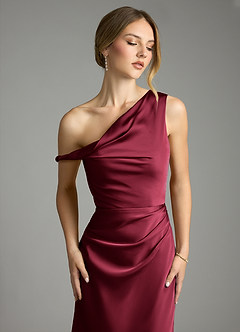 Azazie Emerson Bridesmaid Dresses Burgundy Mermaid Off the Shoulder Stretch Satin Dress image6