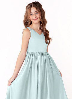 Azazie Hathaway Junior Sea Glass A-Line Bow Stretch Satin Dress image5