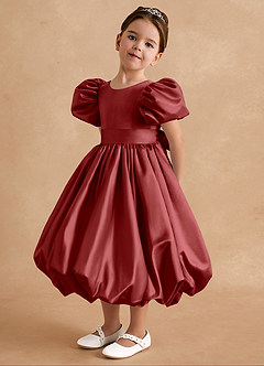 Azazie Jellybean Flower Girl Dresses Rust Ball-Gown Ruched Matte Satin Dress image4