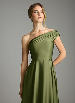 Azazie Melanie Bridesmaid Dresses Olive A-Line Off the Shoulder Stretch Satin Dress image6