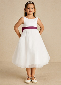 Azazie Kavi Flower Girl Dresses Ivory Mulberry A-Line Bow Matte Satin Dress image2