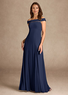 Azazie Ewa Mother of the Bride Dresses Dark Navy A-Line Off the Shoulder Mesh Dress image1