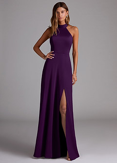 Azazie Myra Bridesmaid Dresses Grape A-Line Side Slit Stretch Satin Dress image1
