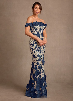 Azazie Lotta Mother of the Bride Dresses Dark Navy Champagne Mermaid Off the Shoulder Lace Dress image3