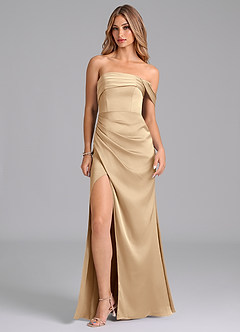 Azazie Lisbeth Bridesmaid Dresses Champagne Mermaid Off the Shoulder Stretch Satin Convertible Dress image3