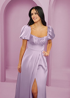 Barbie ♥ Azazie Bridesmaid Dresses Frosted Lilac A-Line Ruched Stretch Satin Dress image5