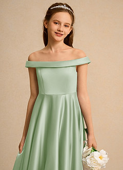 Azazie Teeny Junior Formal Jurken voor bloemenmeisjes A-Lijn Jurk van Mat Satijn Geplooid Stoffige Salie image7