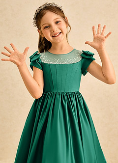 Azazie Toffee Abiti da Ragazza di Fiori Abito Stile Principessa in Raso Opaco Fiocco Smeraldo image6