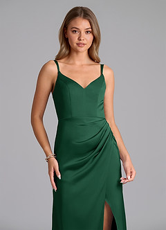 Azazie Leo Vestidos de damas de honor Vestido de Verde Oscuro de Satén Elástico de Corte Recto con Plisado image3