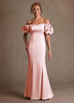 Azazie Redding Mother of the Bride Dresses Blushing Pink Sheath Ruched Stretch Satin Dress image1