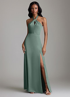 Azazie Tracie Bridesmaid Dresses Sea Moss A-Line Side Slit Stretch Satin Dress image1