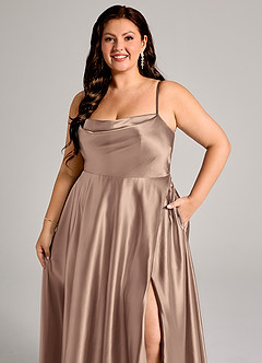 Azazie Elle Bridesmaid Dresses Taupe A-Line with Pockets Metallic Satin Dress image6