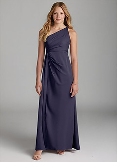Azazie Mika Junior Robe Trapèze en Satin extensible Plissée Bleu Orageux image3