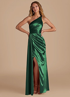 Azazie Mika Bridesmaid Dresses Dark Green Sheath One Shoulder Metallic Satin Dress image3
