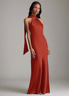 Azazie Cassiana Jurken voor bruidsmeisjes Jurk van Stretch Satijn met Zeemeermin Geplooid Roest image6