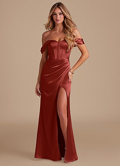 Azazie Asha Bridesmaid Dresses Terracotta Sheath Off the Shoulder Metallic Satin Dress image1