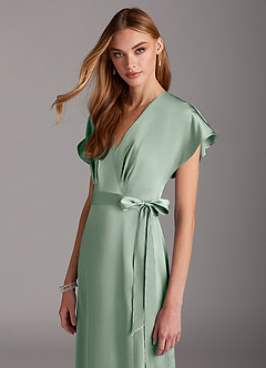 Azazie Nico Bridesmaid Dresses Agave A-Line V-Neck Stretch Satin Dress image6