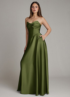 Azazie Meleena Bridesmaid Dresses Olive A-Line Strapless Stretch Satin Dress image6