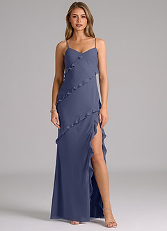 Azazie Nancie 신부 들러리 드레스 인어 셔링 쉬폰 바닥 길이 드레스 image1