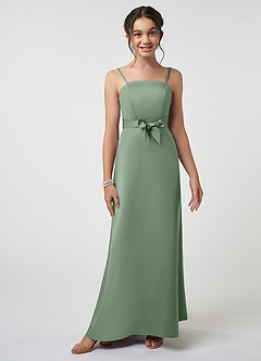 Azazie Anina Junior Matcha A-Line Bow Stretch Satin Dress image1