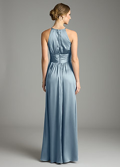 Azazie Bonnie Vestidos de damas de honor Vestido de Azul Polvoriento de Satén Elástico de Corte en A con Plisado image5