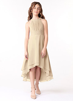 Azazie Linna Junior Champagne A-Line Pleated Chiffon Dress image1