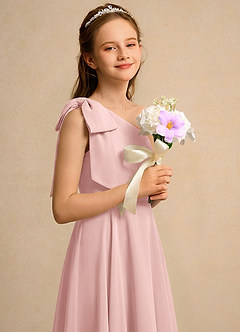 Azazie Guppy Girls Formal Blumenmädchenkleider A-Linie One-Shoulder Chiffon Kleid Puderrosa image4