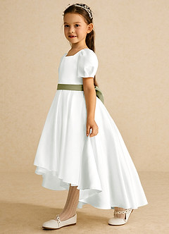 Azazie Zippy Flower Girl Dresses Ivory Moss Green A-Line with Sleeves Matte Satin Dress image1