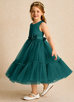 Azazie Miracle Flower Girl Dresses Peacock A-Line Bow Matte Satin Dress image3