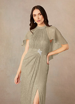 Azazie Draga Mother of the Bride Dresses Champagne Gold Sheath Pleated Metallic Mesh Dress image3