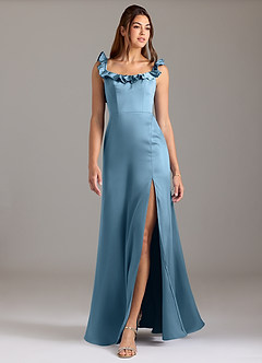 Azazie Callie Bridesmaid Dresses Steel Blue A-Line Ruched Stretch Satin Convertible Dress image3