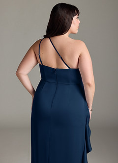 Azazie Latrice Bridesmaid Dresses Dark Navy Sheath One Shoulder Cascading Ruffles Stretch Satin Dress image12