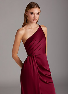 Azazie Mika Bridesmaid Dresses Burgundy Sheath One Shoulder Stretch Satin Dress image7