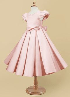 Azazie Jewel Flower Girl Dresses Blushing Pink Ball-Gown Pleated Matte Satin Dress image6