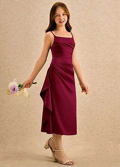 Azazie Canna Girls Formal Robe Demoiselle D'honneur Fillette Robe Trapèze en Satin extensible Plissée Bourgogne image3