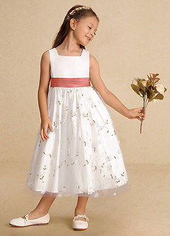 Azazie Pollie Flower Girl Dresses Ivory Salmon Pink A-Line Bow Tulle Dress image4