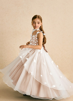 Azazie Darlina Abiti da Ragazza di Fiori Abito Principessa in Tulle Pizzo Avorio Rosa Inglese image3