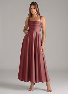Azazie Shaude Bridesmaid Dresses Amethyst A-Line Pleated Stretch Satin Dress image1
