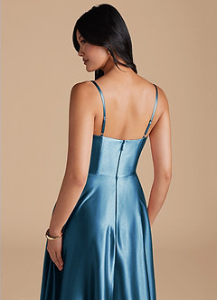 Azazie Elle Bridesmaid Dresses Steel Blue A-Line with Pockets Metallic Satin Dress image8