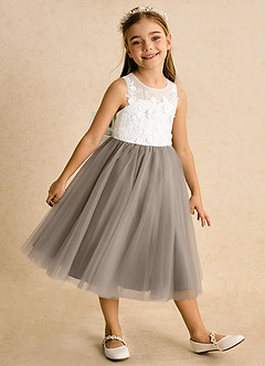 Azazie Lina Flower Girl Dresses Ivory Taupe Ball-Gown Lace Dress image4
