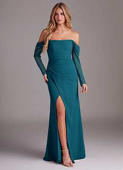 Azazie Hallie Bridesmaid Dresses Ink Blue Mermaid Long Sleeve Chiffon Dress image1