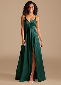 Azazie Alia Bridesmaid Dresses Pine A-Line Pleated Metallic Satin Dress image8