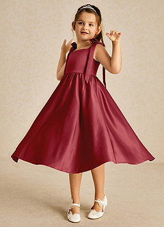 Azazie Chelsie Flower Girl Dresses Pomegranate A-Line Bow Matte Satin Dress image3