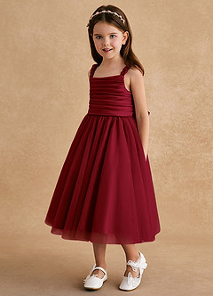 Azazie Gabbie Flower Girl Dresses Burgundy A-Line Pleated Matte Satin Dress image5