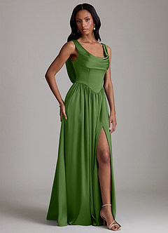 Azazie Novi Robes de demoiselle d'honneur Robe Trapèze en Satin extensible Avec poches Basilic image5