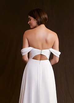 Azazie Ava At-home Try On Dresses Diamond White A-Line Off the Shoulder Stretch Chiffon Dress image6