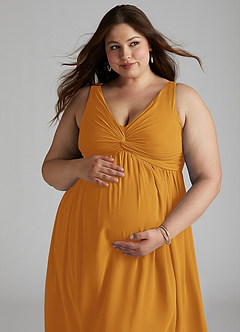 Azazie Yetta Maternity Bridesmaid Dresses A-Line V-Neck Gathered Chiffon Floor-Length Dress image8