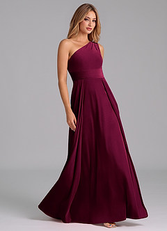 Azazie Dallas Vestidos de damas de honor Vestido de Cabernet de terciopelo de Corte en A con Hombro unilateral image5