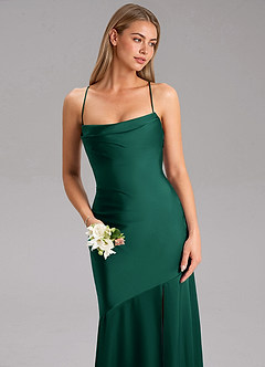 Azazie Grata Bridesmaid Dresses Emerald Sheath Side Slit Stretch Satin Dress image6